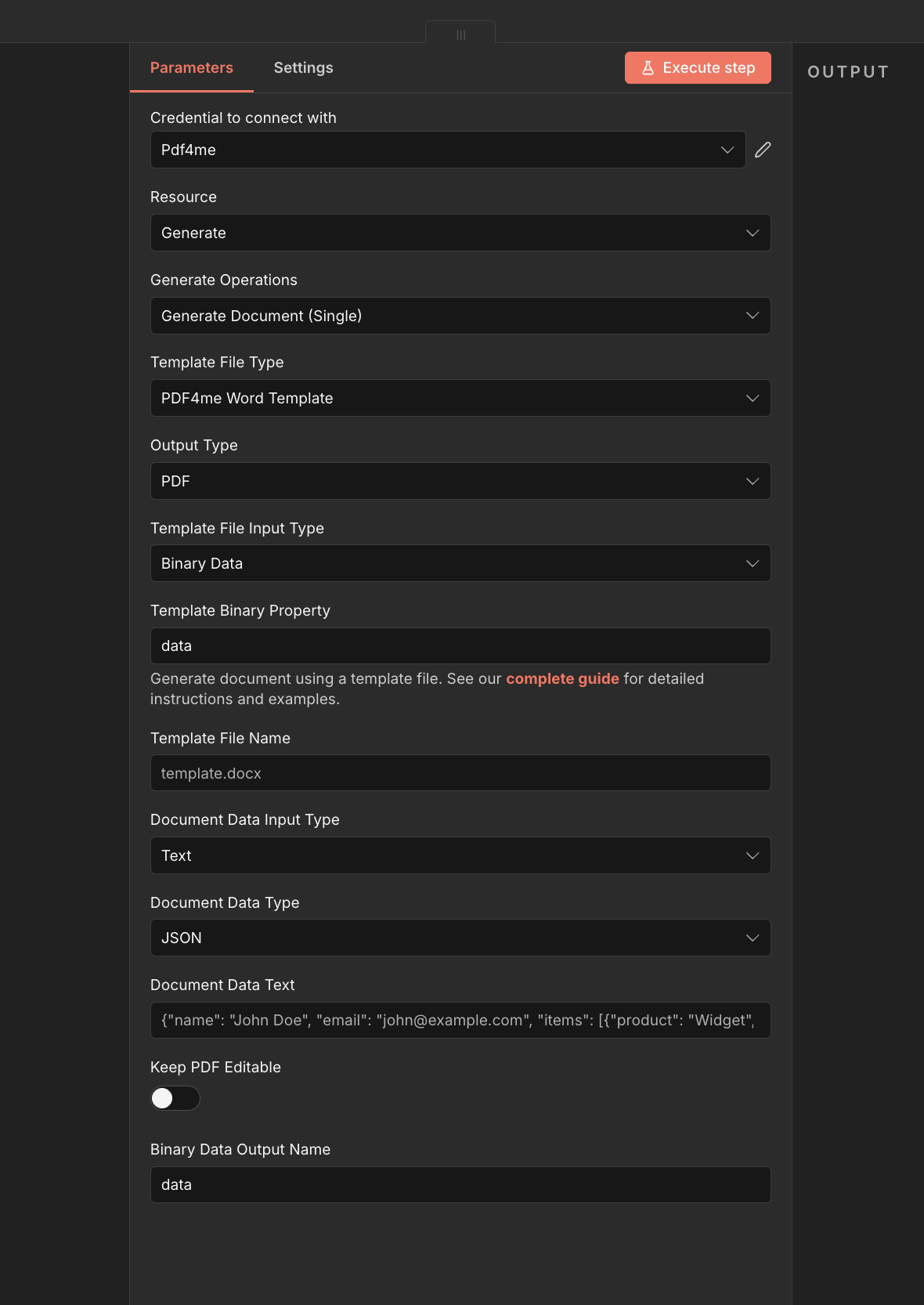 Generate Document (Single) n8n node configured with Credential Pdf4me, Resource Generate, Generate Operations Generate Document (Single), Template File Type PDF4me Word Template, Output Type PDF, Template File Input Type Binary Data, Template Binary Property data, Template File Name template.docx, Document Data Input Type Text, Document Data Type JSON, sample Document Data Text JSON payload, Keep PDF Editable toggle, Binary Data Output Name data